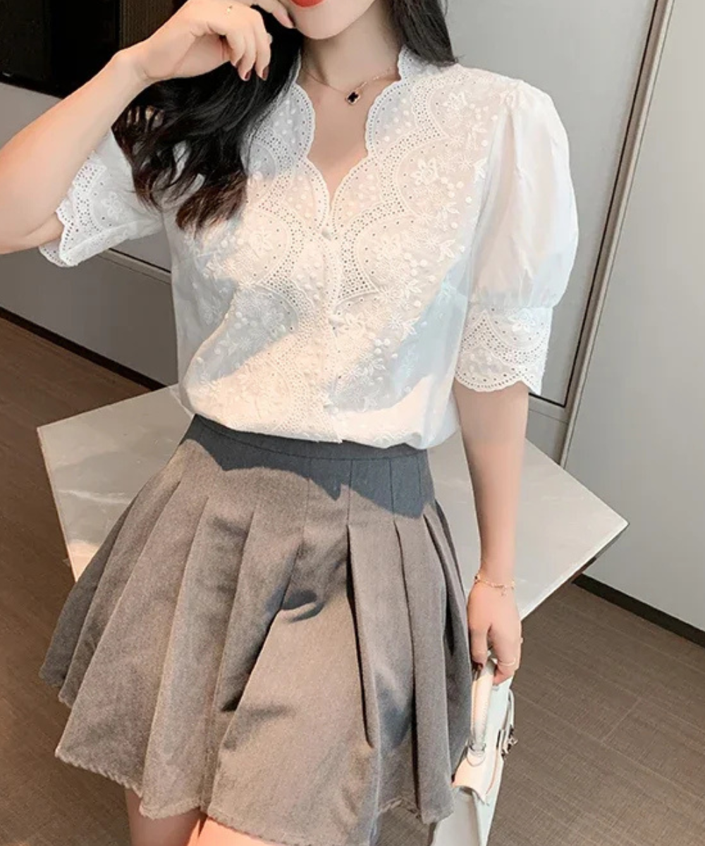 Natalie – Women’s White Embroidered Linen Cotton Puff Sleeve Blouse - Auvrya