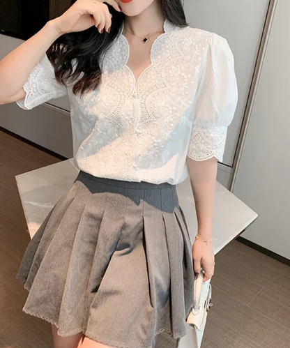 Natalie – Women’s White Embroidered Linen Cotton Puff Sleeve Blouse - Auvrya