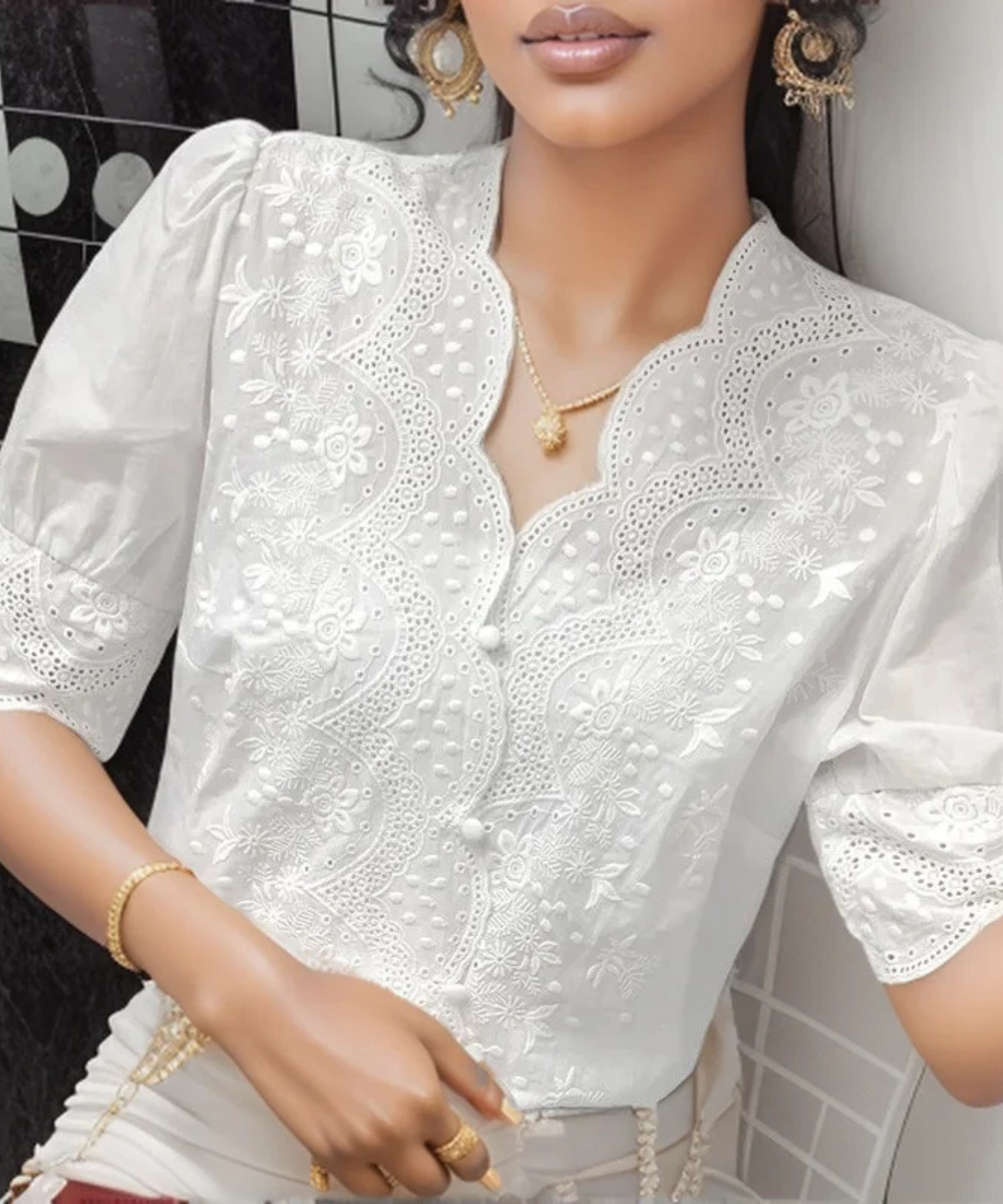 Natalie – Women’s White Embroidered Linen Cotton Puff Sleeve Blouse - Auvrya