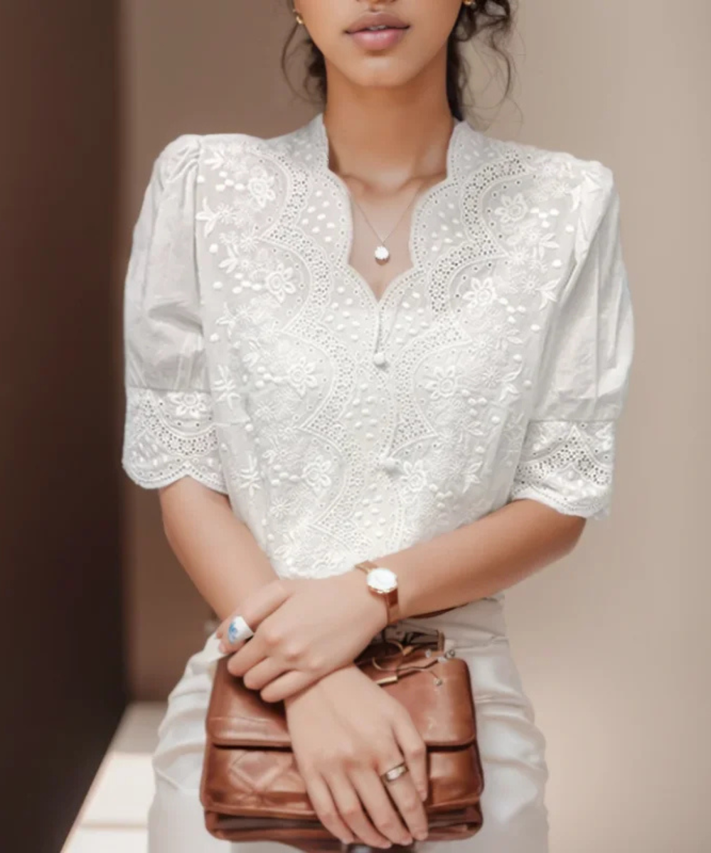 Natalie – Women’s White Embroidered Linen Cotton Puff Sleeve Blouse - Auvrya