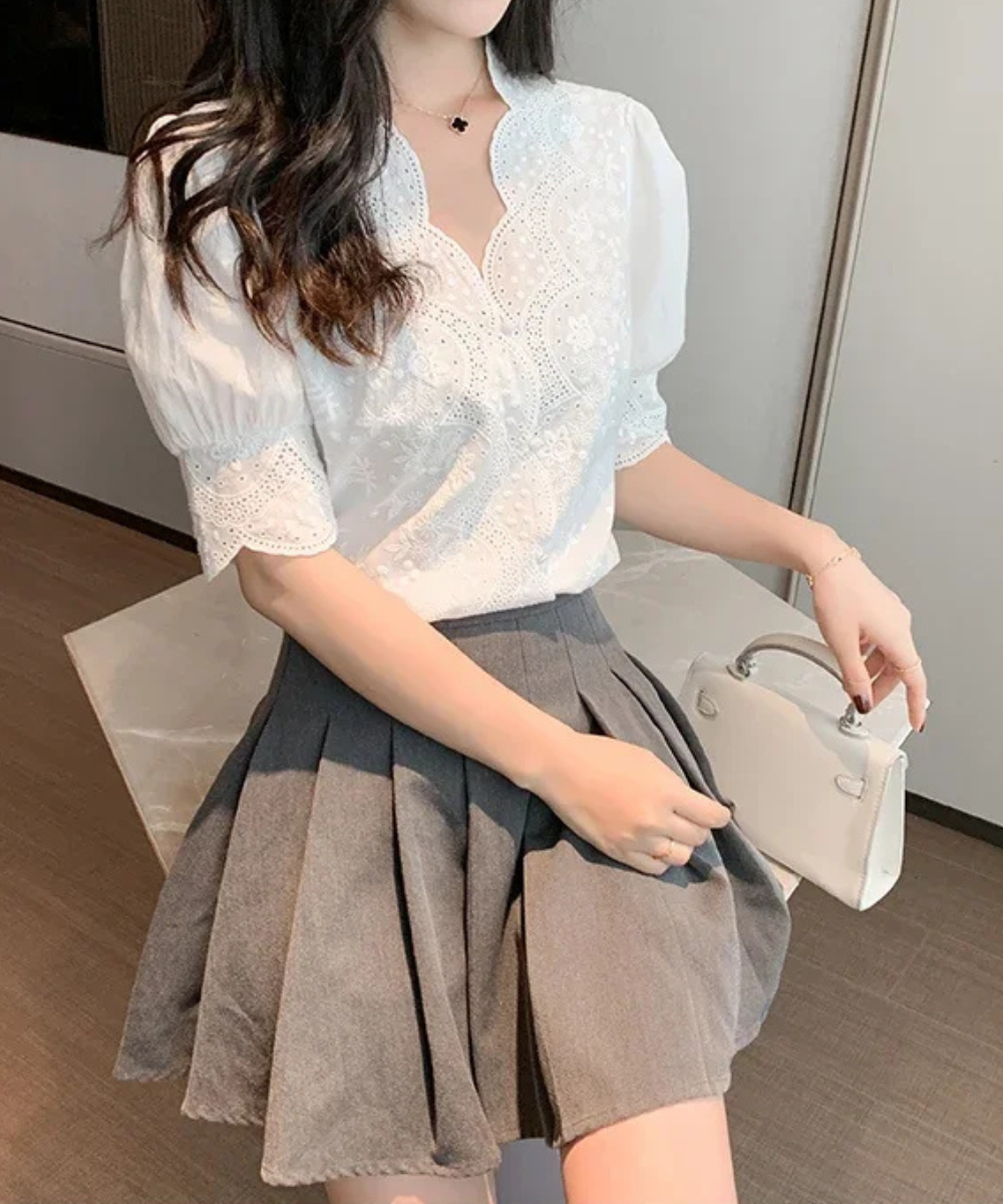 Natalie – Women’s White Embroidered Linen Cotton Puff Sleeve Blouse - Auvrya