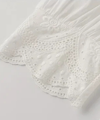 Natalie – Women’s White Embroidered Linen Cotton Puff Sleeve Blouse - Auvrya