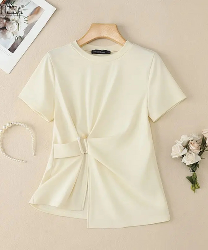 Nevaeh – Women’s Short Sleeve Blouse Casual Round Neck with Waist Detail - Auvrya