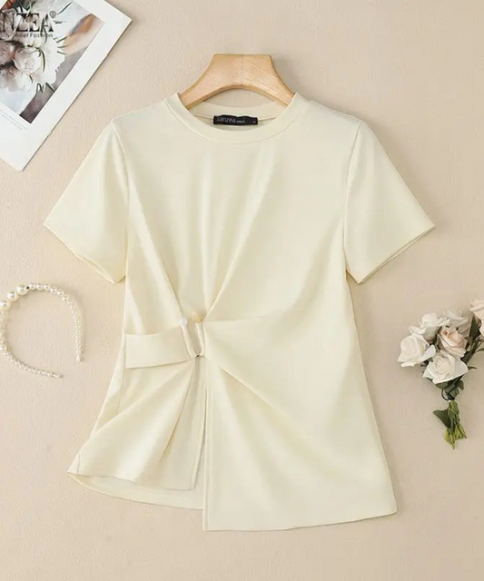 Nevaeh – Women’s Short Sleeve Blouse Casual Round Neck with Waist Detail - Auvrya