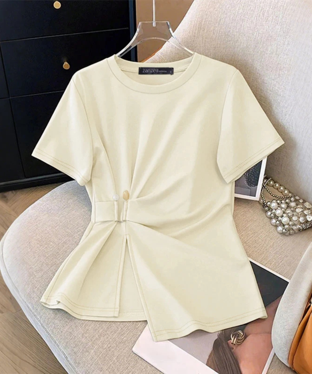 Nevaeh – Women’s Short Sleeve Blouse Casual Round Neck with Waist Detail - Auvrya