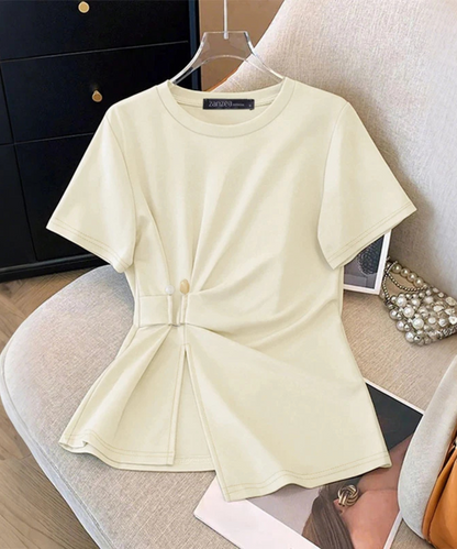 Nevaeh – Women’s Short Sleeve Blouse Casual Round Neck with Waist Detail - Auvrya