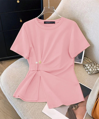 Nevaeh – Women’s Short Sleeve Blouse Casual Round Neck with Waist Detail - Auvrya