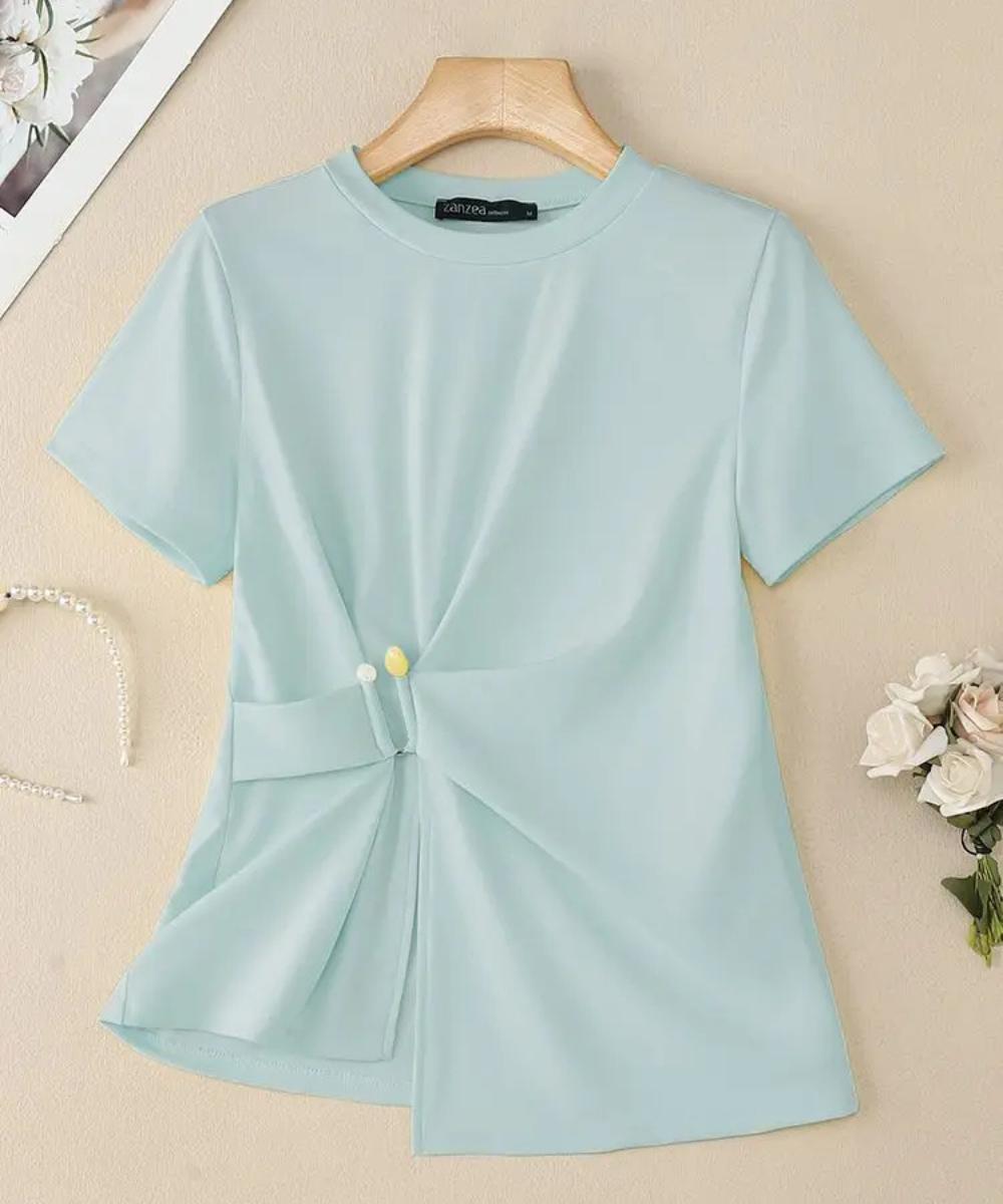 Nevaeh – Women’s Short Sleeve Blouse Casual Round Neck with Waist Detail - Auvrya