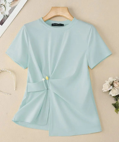 Nevaeh – Women’s Short Sleeve Blouse Casual Round Neck with Waist Detail - Auvrya