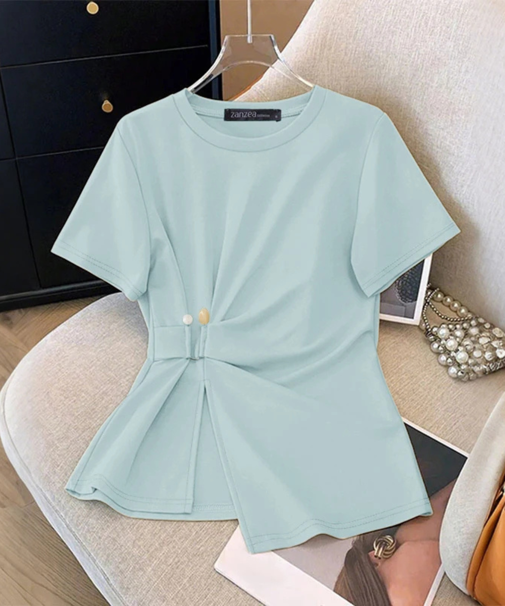 Nevaeh – Women’s Short Sleeve Blouse Casual Round Neck with Waist Detail - Auvrya