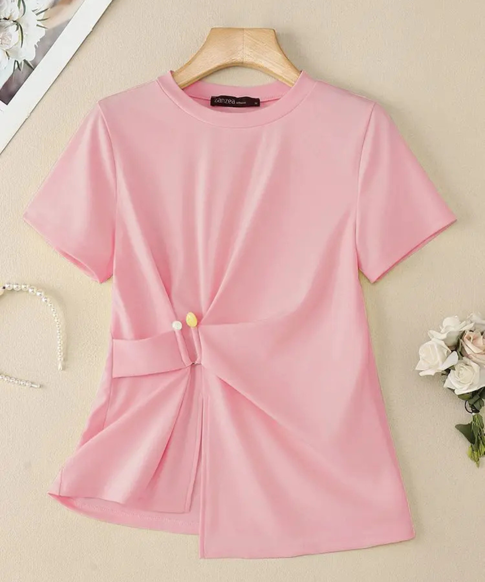 Nevaeh – Women’s Short Sleeve Blouse Casual Round Neck with Waist Detail - Auvrya