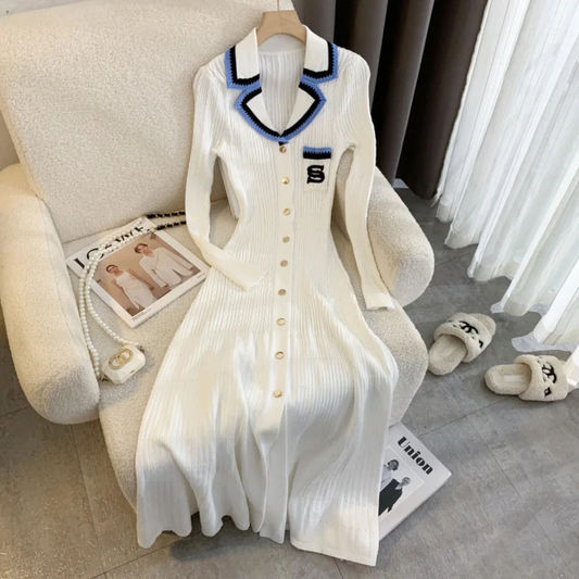 Penelope – Women’s Knit Midi Dress with Contrast Trim - Auvrya