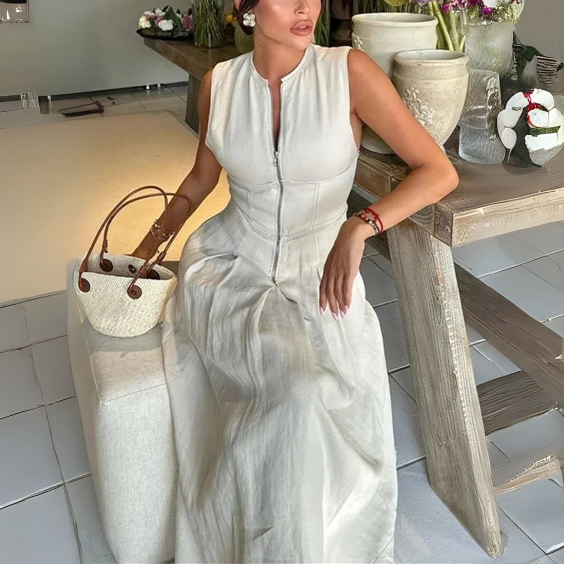 Quinn – Women’s Pleated Zip-Front Midi Dress Sleeveless Elegant Bodycon - Auvrya