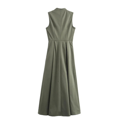 Quinn – Women’s Pleated Zip-Front Midi Dress Sleeveless Elegant Bodycon - Auvrya