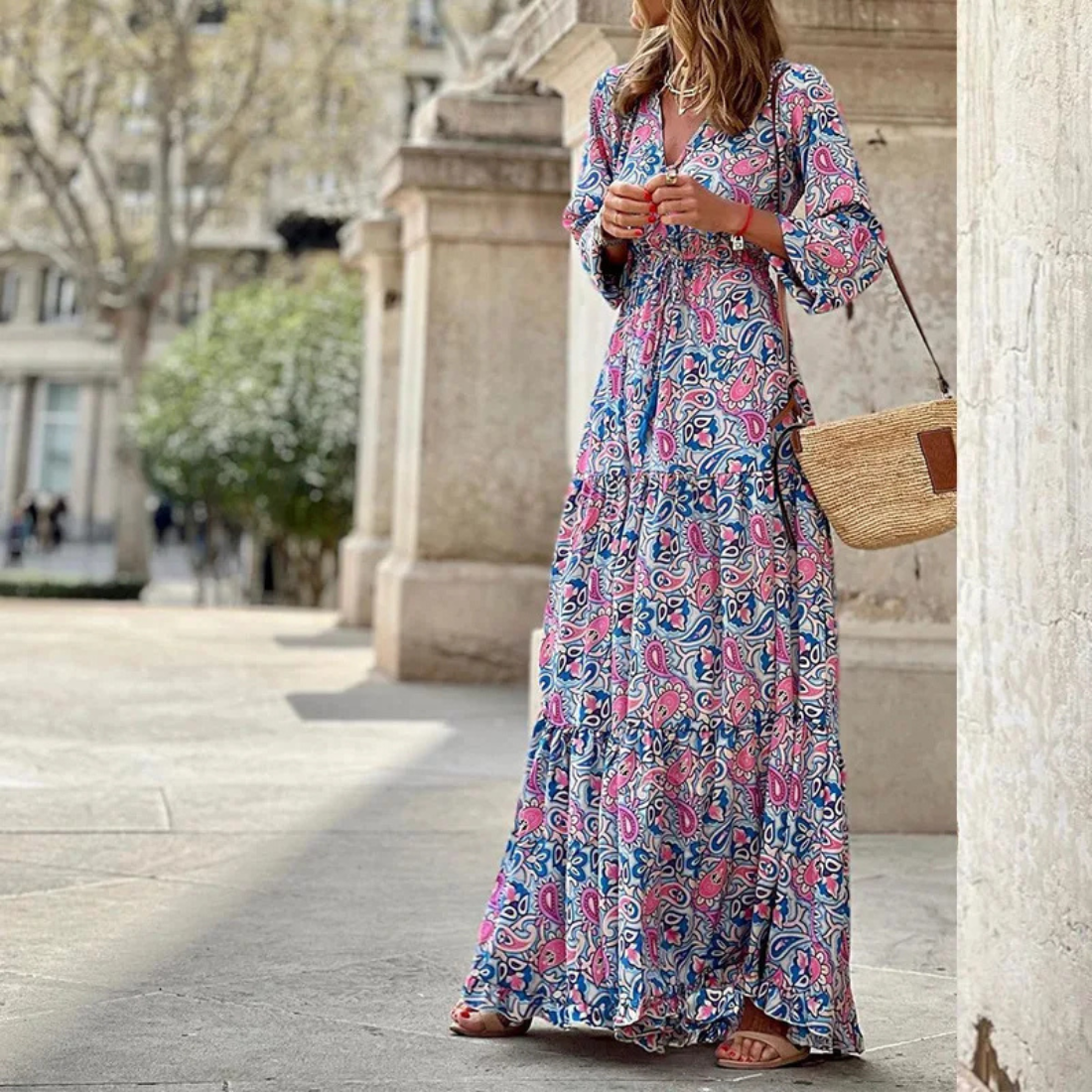 Ruby – Women’s Printed V-Neck Long Sleeve Bohemian Maxi Dress - Auvrya