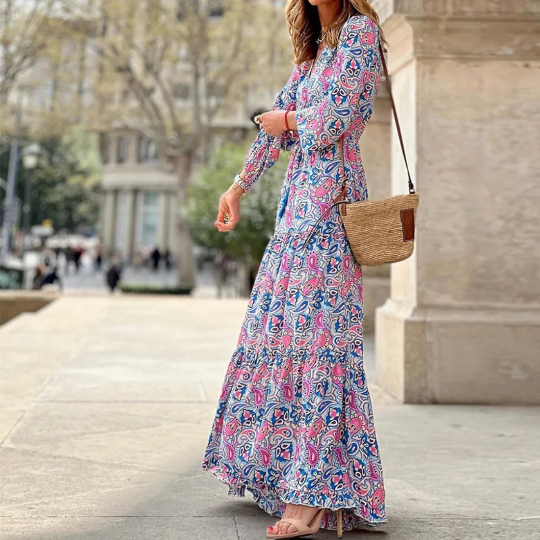 Ruby – Women’s Printed V-Neck Long Sleeve Bohemian Maxi Dress - Auvrya
