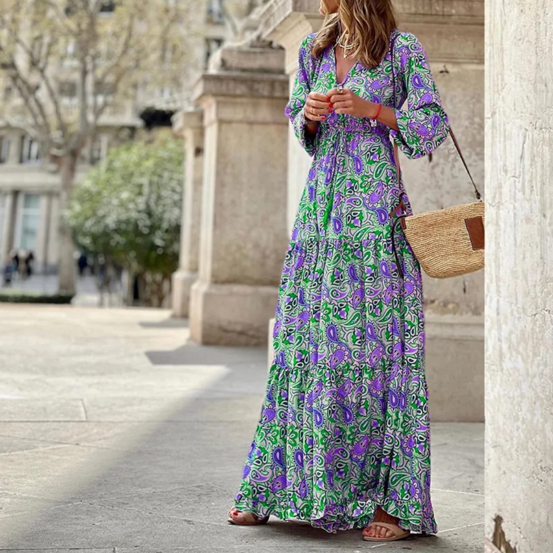 Ruby – Women’s Printed V-Neck Long Sleeve Bohemian Maxi Dress - Auvrya
