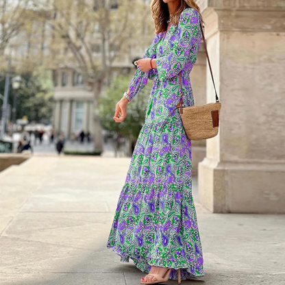 Ruby – Women’s Printed V-Neck Long Sleeve Bohemian Maxi Dress - Auvrya