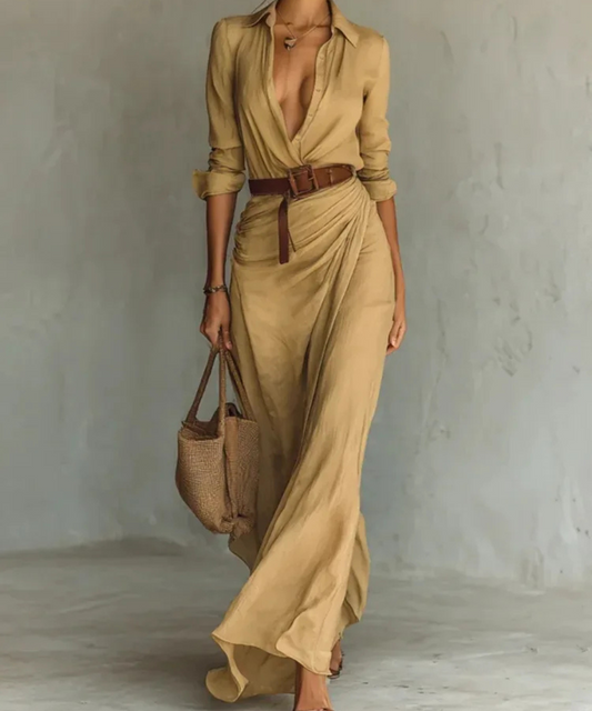 Savannah – Women’s Elegant Long Sleeve Belted Maxi Shirt Dress - Auvrya