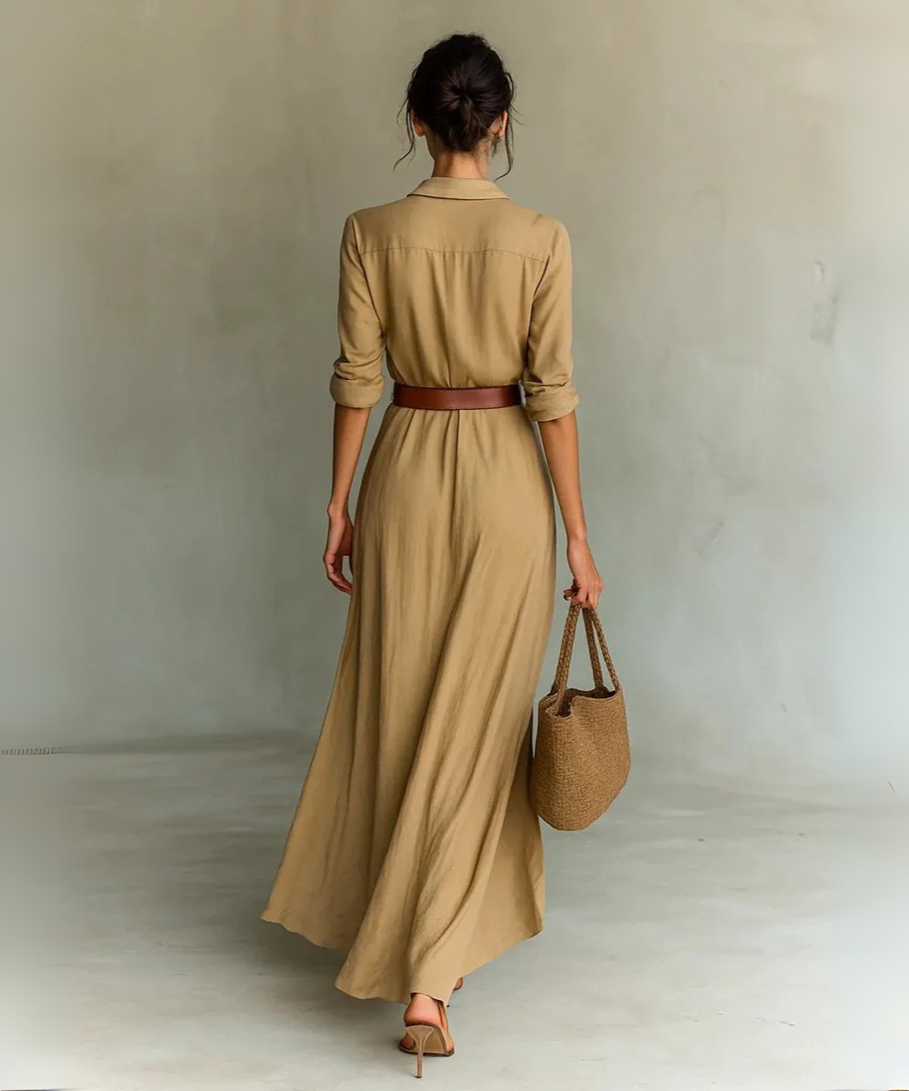 Savannah – Women’s Elegant Long Sleeve Belted Maxi Shirt Dress - Auvrya