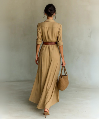 Savannah – Women’s Elegant Long Sleeve Belted Maxi Shirt Dress - Auvrya