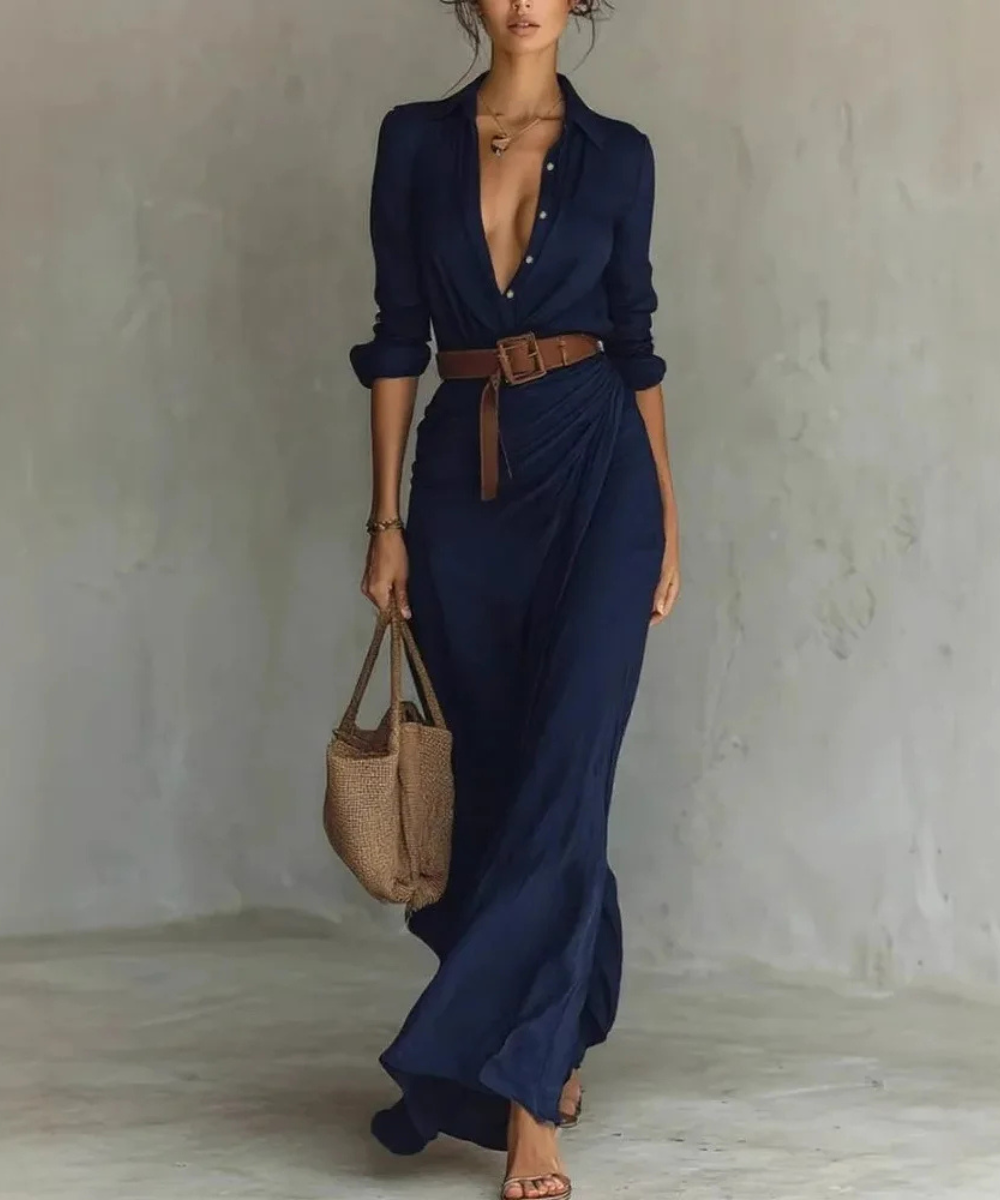 Savannah – Women’s Elegant Long Sleeve Belted Maxi Shirt Dress - Auvrya