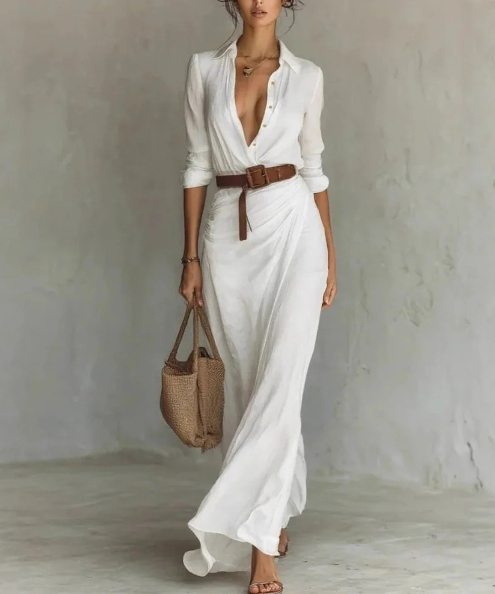 Savannah – Women’s Elegant Long Sleeve Belted Maxi Shirt Dress - Auvrya