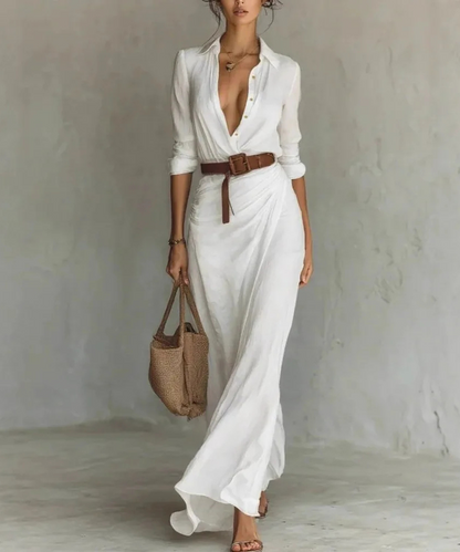 Savannah – Women’s Elegant Long Sleeve Belted Maxi Shirt Dress - Auvrya