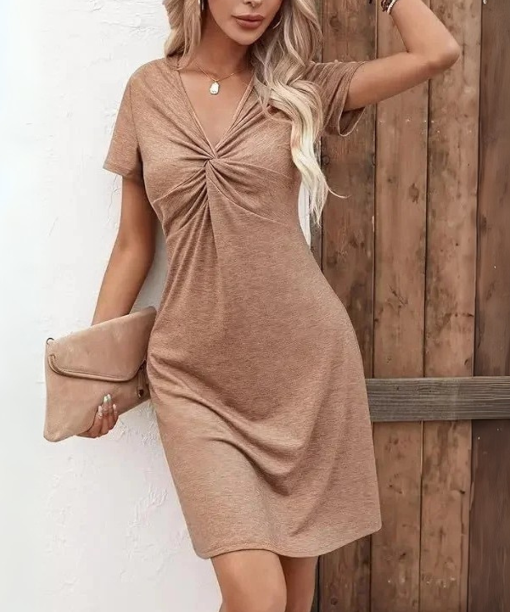 Scarlett &ndash; Women&rsquo;s Cotton Mini Dress Short Sleeve V-Neck Ruched Waist - Auvrya