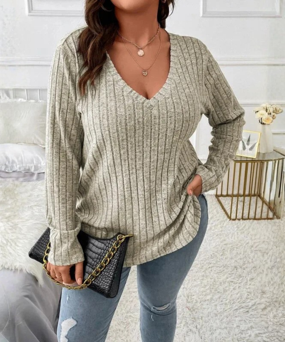 Serenity – Plus Size Women’s Ribbed Knit V-Neck Long Sleeve Top - Auvrya