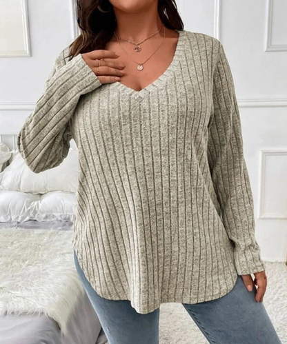 Serenity – Plus Size Women’s Ribbed Knit V-Neck Long Sleeve Top - Auvrya