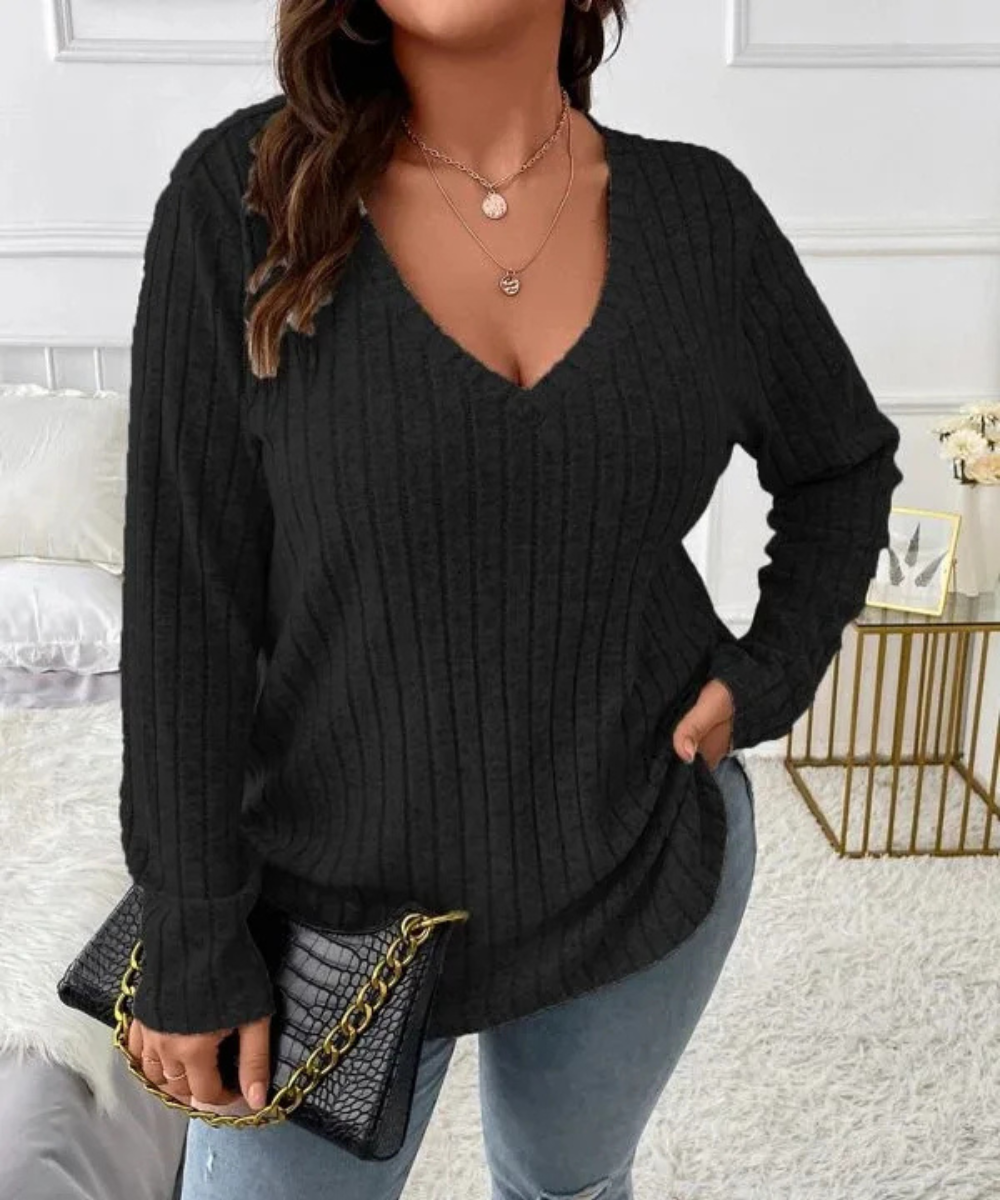 Serenity – Plus Size Women’s Ribbed Knit V-Neck Long Sleeve Top - Auvrya