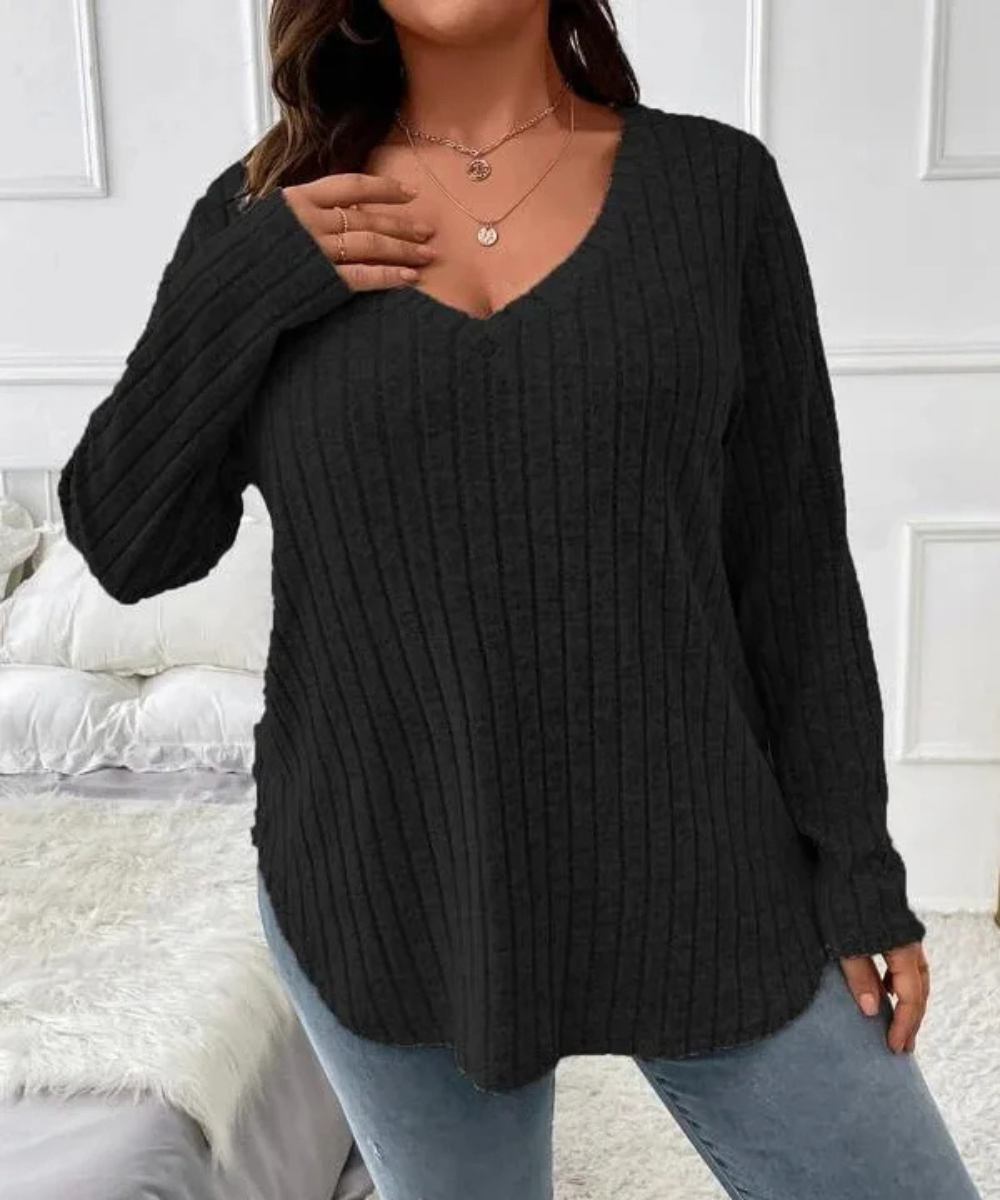 Serenity – Plus Size Women’s Ribbed Knit V-Neck Long Sleeve Top - Auvrya
