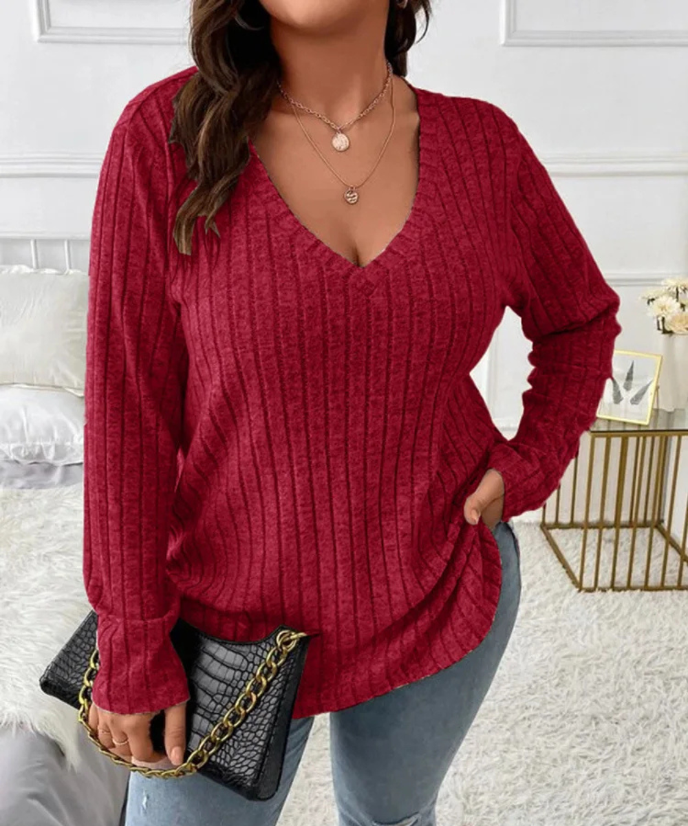 Serenity – Plus Size Women’s Ribbed Knit V-Neck Long Sleeve Top - Auvrya