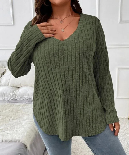 Serenity – Plus Size Women’s Ribbed Knit V-Neck Long Sleeve Top - Auvrya