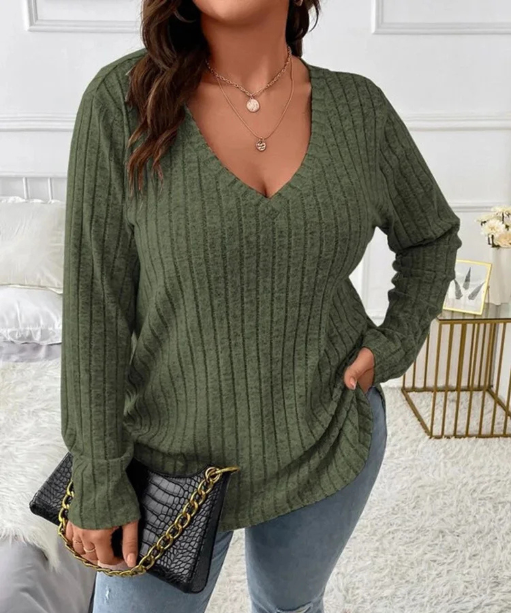 Serenity – Plus Size Women’s Ribbed Knit V-Neck Long Sleeve Top - Auvrya