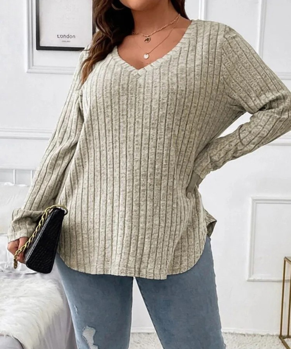 Serenity – Plus Size Women’s Ribbed Knit V-Neck Long Sleeve Top - Auvrya