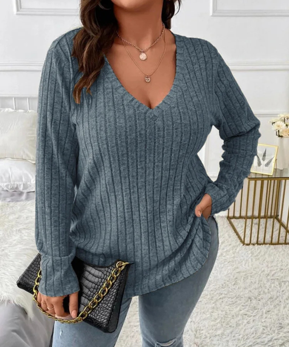 Serenity – Plus Size Women’s Ribbed Knit V-Neck Long Sleeve Top - Auvrya