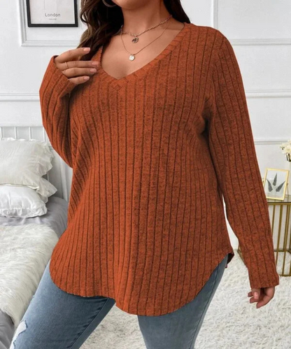 Serenity – Plus Size Women’s Ribbed Knit V-Neck Long Sleeve Top - Auvrya