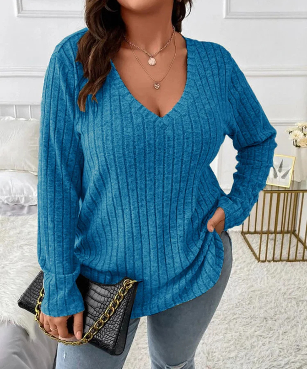 Serenity – Plus Size Women’s Ribbed Knit V-Neck Long Sleeve Top - Auvrya