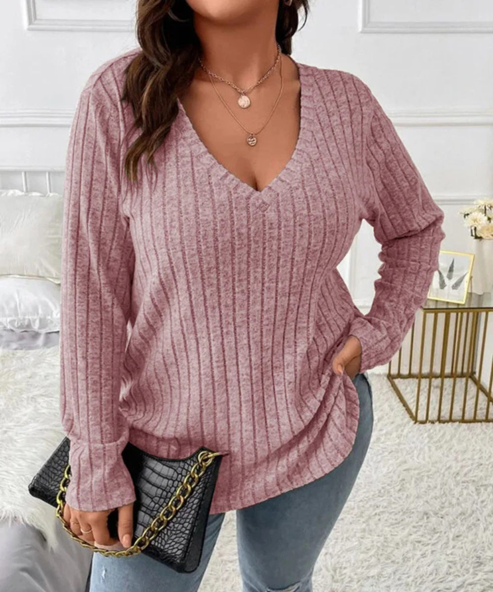 Serenity – Plus Size Women’s Ribbed Knit V-Neck Long Sleeve Top - Auvrya