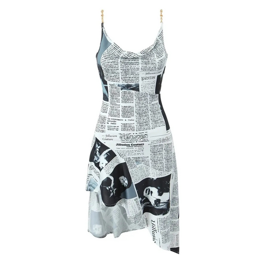 Stella – Women’s Cami Dress Newspaper Print Asymmetrical Hem - Auvrya