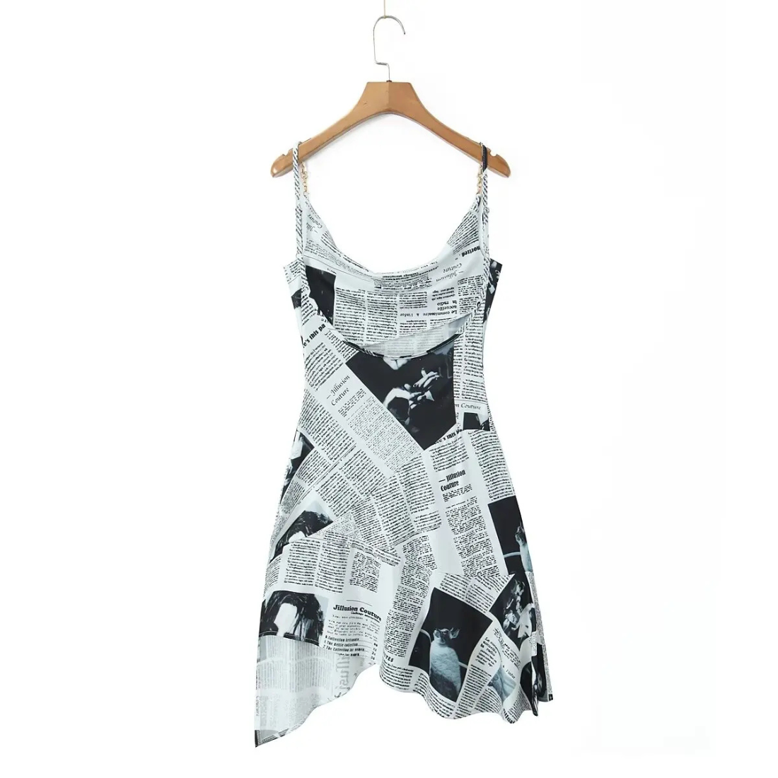 Stella – Women’s Cami Dress Newspaper Print Asymmetrical Hem - Auvrya