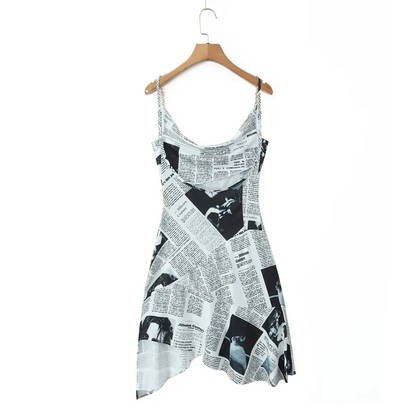 Stella – Women’s Cami Dress Newspaper Print Asymmetrical Hem - Auvrya